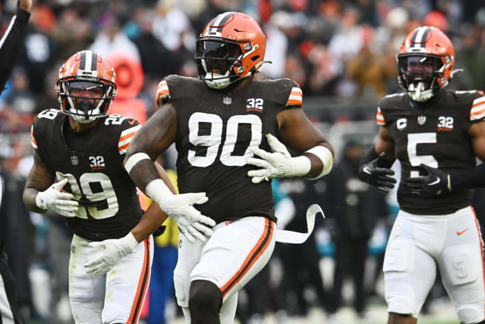 Dec 10, 2023; Cleveland, Ohio, USA; Cleveland Browns defensive tackle Maurice Hurst II (90) celebrates after sacking Jacksonville Jaguars quarterback Trevor Lawrence (not pictured) during the second half at Cleveland Browns Stadium. Mandatory Credit: Ken Blaze-USA TODAY Sports